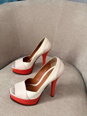 FENDI Fendista Peep-Toe Platform Pumps — White / Coral Lizard-Embossed — $150